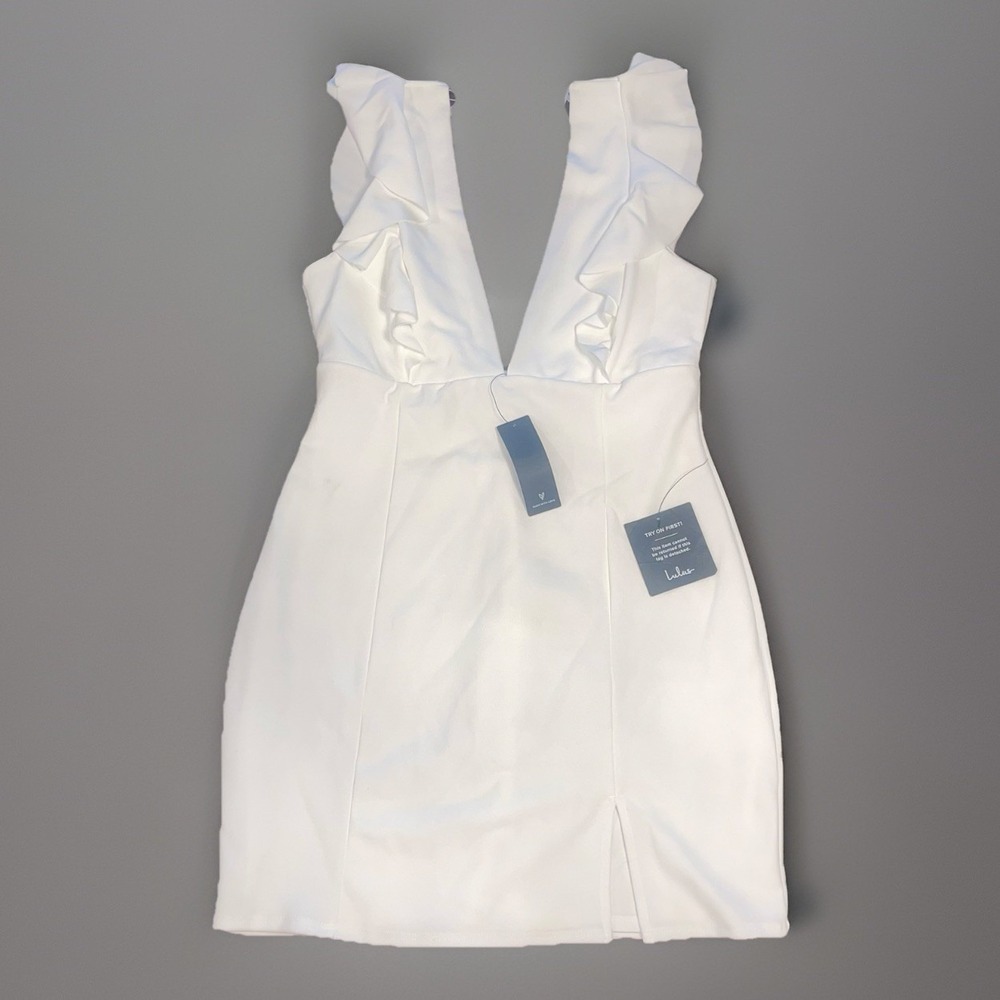 Lulus Saw You Dancing White Ruffled V-Neck Mini Dress NWT - Size Large MSRP $80